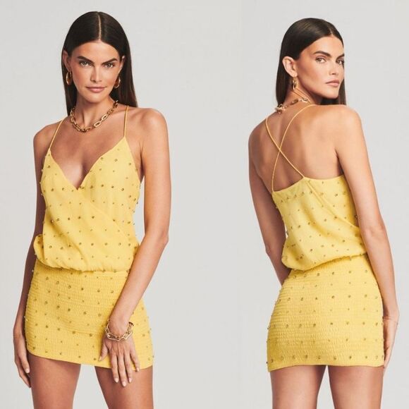 Retrofete Dresses & Skirts - Retrofete Petra Yellow Embellished Silk Shirred Smocked Chiffon Mini Dress Sz S